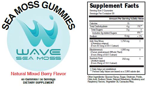 WAVE Premium Sea Moss Mixed Berry Flavored with Bladderwrack & Burdock Root Gummies (Case)